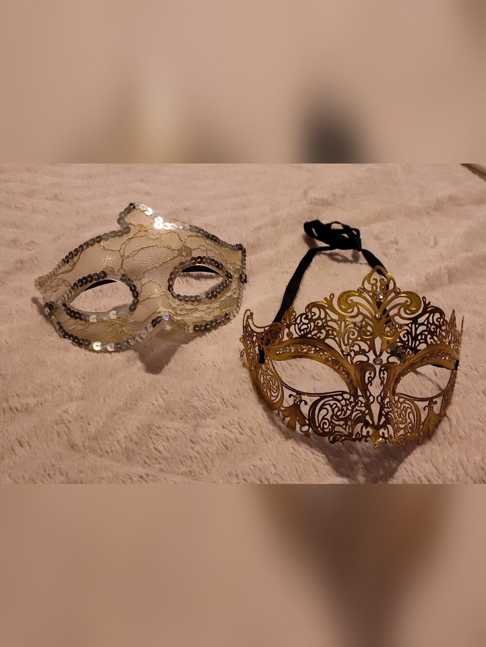 Vintage 70's Gold Filigree (Metal) & Silver Sequin Masquerade Masks
